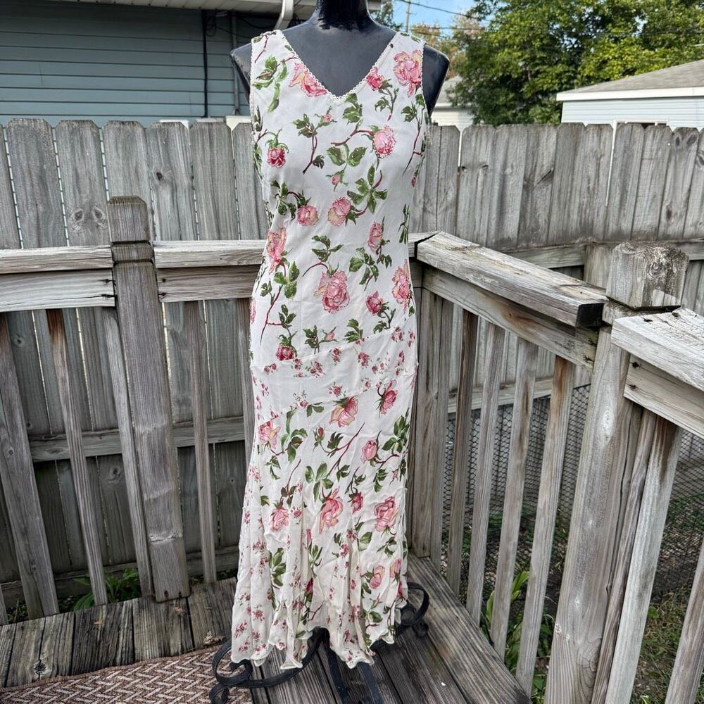 Vintage Newport News White Pink Rose Beaded Maxi Dress Size 6